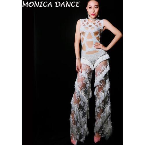 Women Sexy Stage Lace Rhinestones Tassel Jumpsuit Stage Rompers Leggings Dj Costume Stretch Bodysuit Nightclub Wedding Outfit