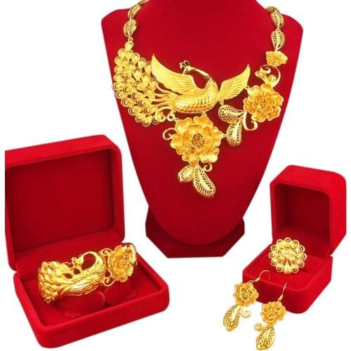 24k Yellow Gold Pendant Necklace Sets for Women Gold Necklace Set National Wind Phoenix Wedding Female Necklace Jewelry Sets
