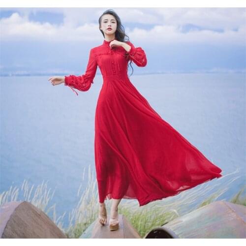 New High Quality Explosions Leisure Elegant red Dresses Women lace spring Casual Shirt Dress