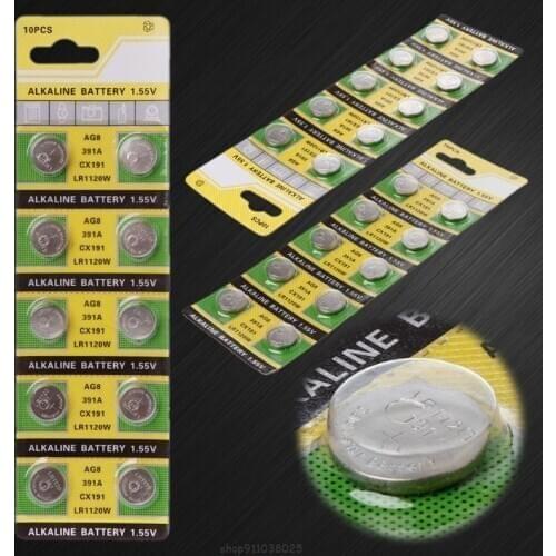 10PCS Watch Battery AG8 1.55V Li-ion Button Coin Cell Batteries LR1120 391 SR1120 191 LR55 Toys Remote Camera CPU Ja05 Dropship