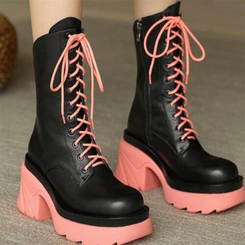 2021 Fashion Mid Calf Boots Platform Boots Low Heels Women Boots Stretch Female Boots Martin Boots Женские сапоги