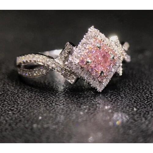 2021 Trendy Creative Silver Color Luxury Shiny Pink Zircon Ring For Women Engagement Couple Jewelry Gift
