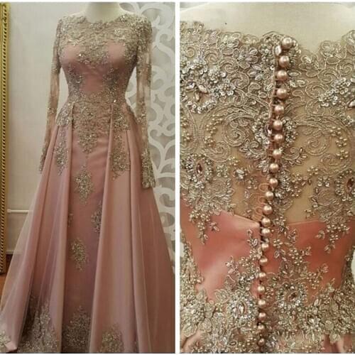 2019 Sheer Jewel Long Sleeves A-Line Evening Dresses Beaded Prom Party Gowns Gold Lace Appliques Formal Custom Special Occasion