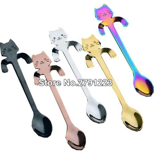 4pcs Stainless Steel cute Cat Kitten Spoons for Coffee Tea Dessert Drink Mixing Milkshake Spoon Tableware Set Kitchen Supplies