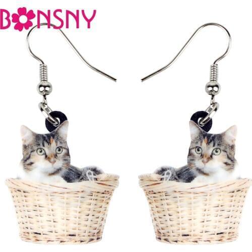 Bonsny Acrylic Cartoon Basket Kitten Cat Earrings Big Long Fashion Animal Jewelry For Women Girl Ladies Brincos Accessories Gift