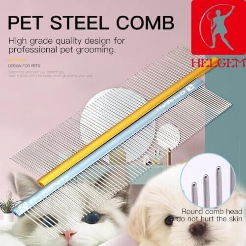 HELGEM Professional Pet Comb Stainless Steel Straight Comb Handle Cleaning Hair Comb for Dogs/Cats Pets Accessories