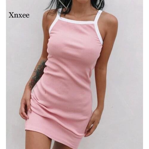 Summer Women Splicing Spaghetti Strap Mididress Sexy Solid Slim Lady Elastics Vintage Party Club Short Dresses Clothing