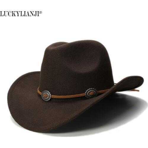LUCKYLIANJI Kid Child Childrens Retro Vintage Wool Felt Cowboy Wide Brim Bowler Hat Turquoise Braid Band (54cm)