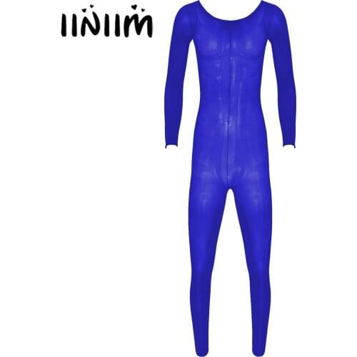 Mens Lingerie Glossy See-through Bodystocking Bodysuit Round Neck Long Sleeve Stretchy Leotard Full Jumpsuit Body Stocking