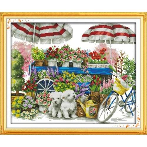 Sunny Flower Shop Counted Cross Stitch DMC 11CT 14CT Printed Cross Stitch Kits Needlework Set Embroider Kits DIY Needle Crafts