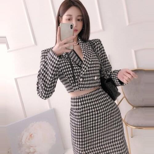 Autumn Winter New Houndstooth Blazer Crop Outwear Pencil Skirt 2 Piece Set Women Short Coat High Waist Split Long Skirt Sets