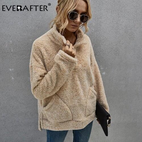 EVERAFTER Women elegant fauxfur coat stand button Patchwork pockets Autumn winter female warm coats loose sweet solid jackets
