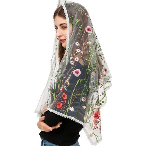 Lady Rectangular Wildflowers Mantilla Veil Women Floral Lace Chapel Veil Scarf Wrap Latin Mass Head Covering Shawls for Bride