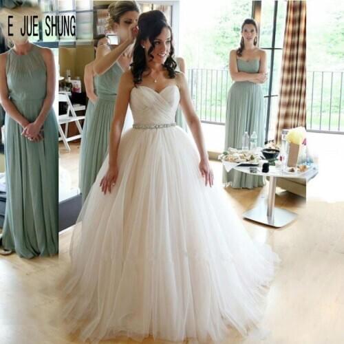 E JUE SHUNG Simple Ruched Bodice Wedding Dresses Sweetheart Neck Sleeveless Crystal Sash Tulle Bridal Gowns vestido de noiva