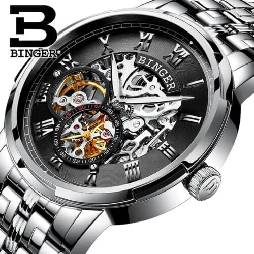 Luxury Stainless Steel Skeleton Design Watches Relogio Masculino BINGER Automatic Watches For Men Mechanical Clock