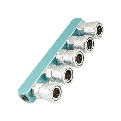 Silver Tone Sky Blue Piping Fitting 5 Way Air Hose Multi Pass Quick Coupler SML-5