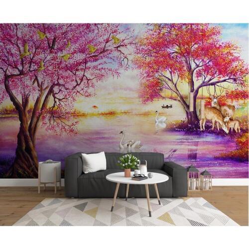 WDBH Custom photo 3d room wallpaper European oil painting forest big tree elk swan lake 3d wall murals wallpaper for walls 3 d