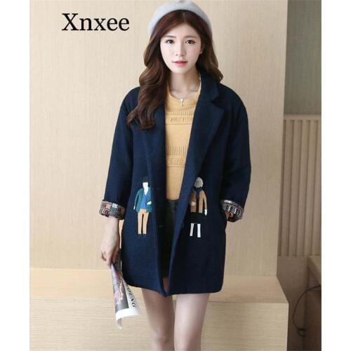 Xnxee 2019 New Korean Women Woolen Jacket Female Casual Cotton-padded Winter Coat Cartoon Embroidery Wool Coat