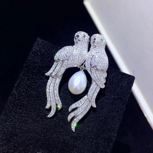 Natural fresh water pearl brooch double birds parrot brooch pins 925 sterling silver cubic zircon fine women jewelry