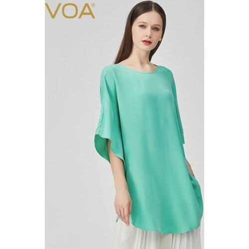 VOA Silk 30m/m Silk Green Round Neck Asymmetrical Design Distressed Craftsmanship Ruffled Five-point Sleeve T-shirt Female BE816