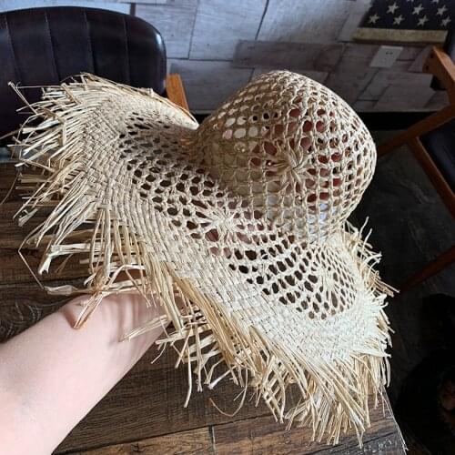 202104-YZ summer Handmade raffia grass hollow out lady sun cap women leisure holiday beach hat