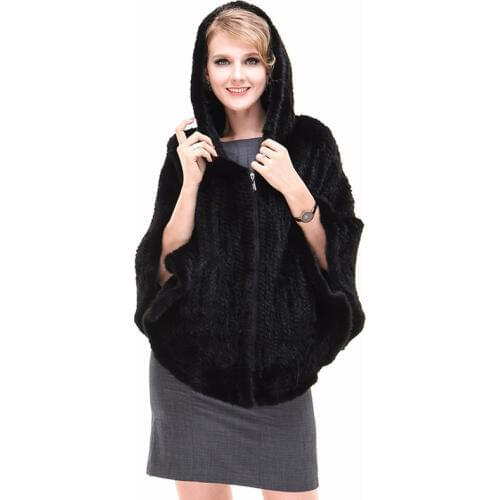 Autumn Winter Womens Genuine Natural Knitted Mink Fur Shawl With Hoody Ruffle Hem Wraps Lady Pashmina Poncho VF7049