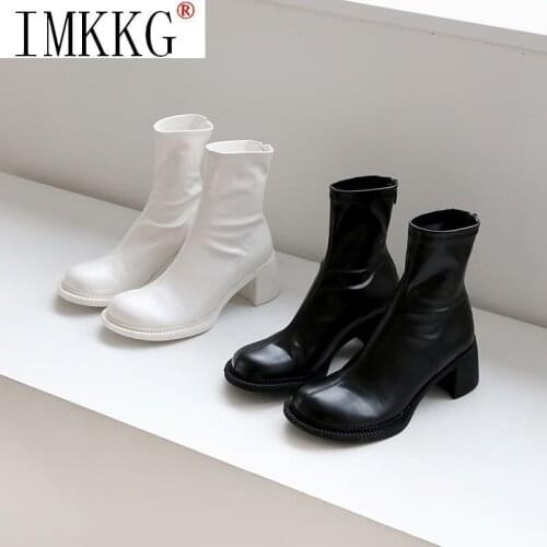 2021 Luxury Brand Women Block High Heels white Ankle Boots Female Square Toe Chelsea Boots High Quality Short Boots Zipper