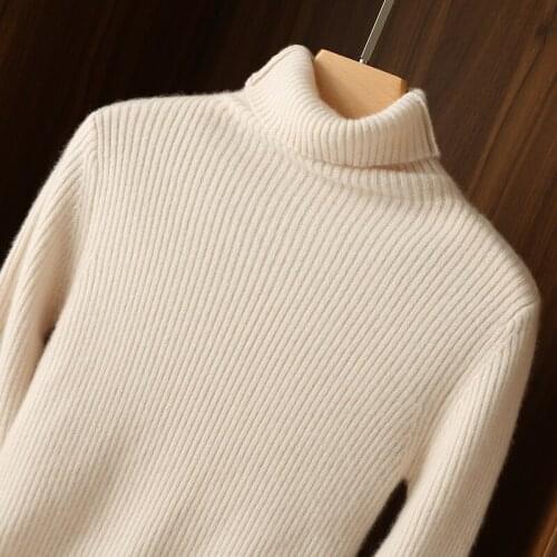 2021 Winter High Quality 100% Wool Thick Sweater Women Knitted Ribbed Pullover Turtleneck Slim Jumper Soft Warm Pull Femme