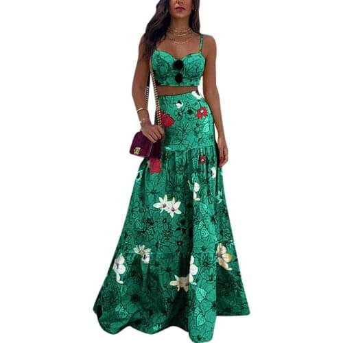 2021 Summer New European And American Fashion Sexy Halter Strapless Jacket Floral Elastic Waist Large Swing Dress Set