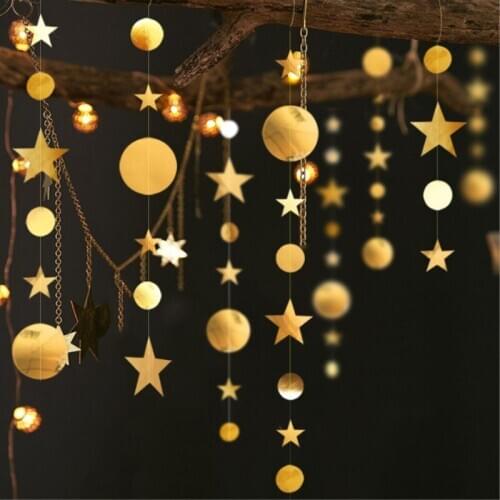 4M Gold Silver Paper Star Round Garland Banner Happy Birthday Wedding Party Decoration Baby Shower Favor Flags Festival Supplies
