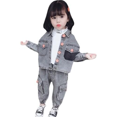 Spring and Autumn 2-pieces-sets Denim Large Pocket Wash Color Button Printing Baby Girls Clothes Sets