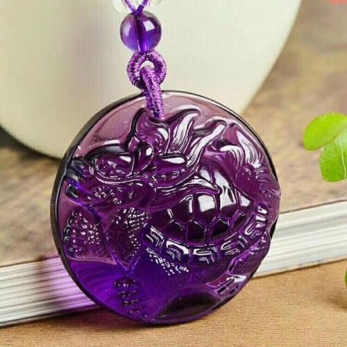 Purple Natural Crystal Pendant Carved Dragon Tortoise Pendant With Beads chain Necklace Lucky for Women Men JoursNeige Jewelry