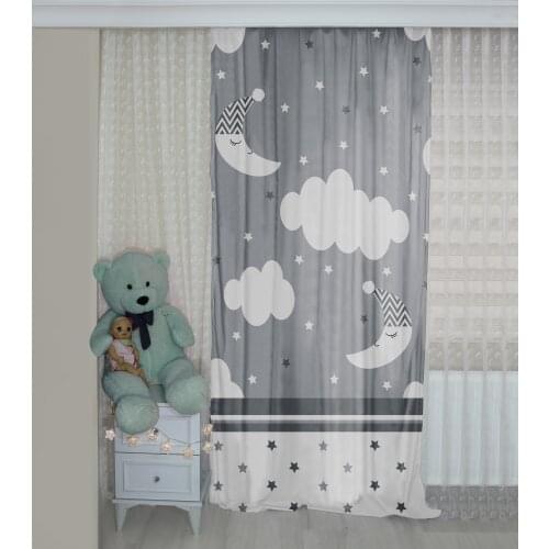 Moon Smile Patterned Background Curtain Velvet Curtain Kids Room Drape Fly Balloon Stars Cloud
