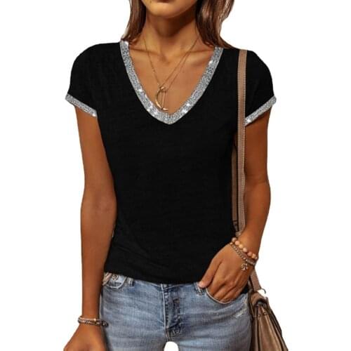 Sexy V Neck Short Sleeve Contrast Color Patchwork Sequined Streetwear T-shirt Tops WDC7276