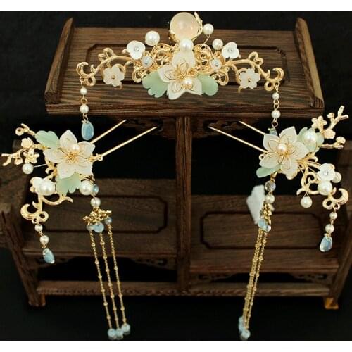 Hanfu Long Tassel Hair Stick Flower Crystal Pearl Hair Pins Handmade Jewelry
