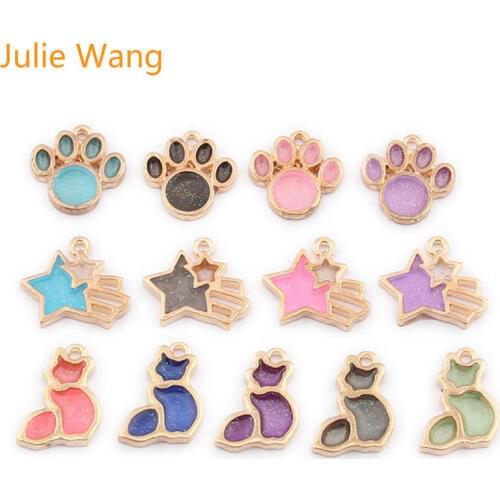 Julie Wang 10pcs Epoxy Cartoon Charms Alloy Gold Tone Paw Cat Meteor Star Pendant Bracelet Earrings Jewelry Making Accessory
