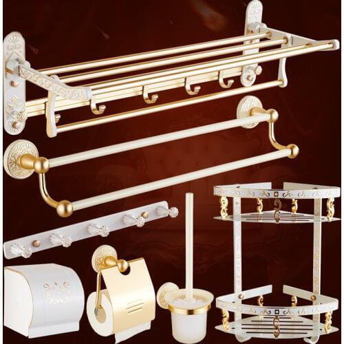 Lvory White Paint Space aluminum Bathroom Hardware Set Paper Holder Towel Bar Robe Hooks Toilet Brush Holders Shelves