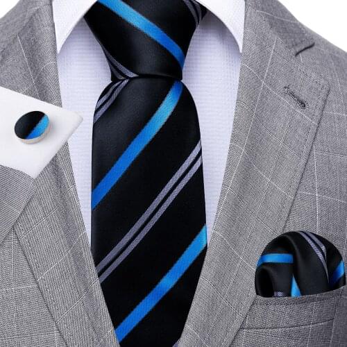Fashion Blue Striped Men Tie Set Silk Jacquard Necktie Wedding Business Handkerchief Cufflinks Tie Barry.Wang Designer FA-5325