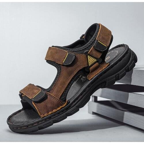 SHENCE Summer Men Genuine Leather Sandals Comfort Fashion Man Beach Shoes Breath Male Outdoor Sport Casual Shoes Plus Size 38-48