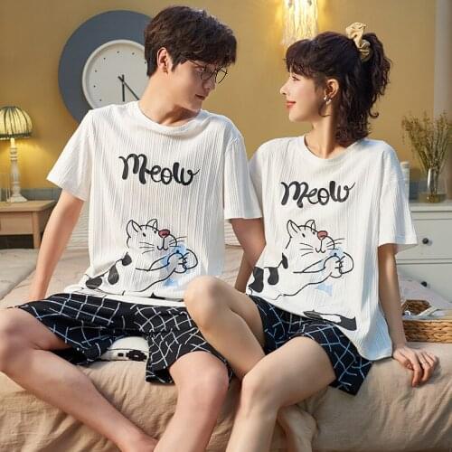New Fashion White Cotton Couple Pajamas Set Summer Women Kawaii Cartoon Short-sleeve Home Wear Black Plaid Shorts Couple Pajamas