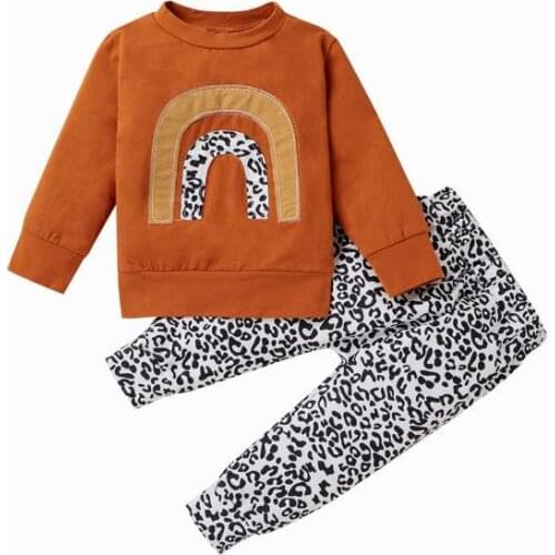 Baby Girl Fall Spring Clothes Rainbow Printed Round Neck Long Sleeve Tops Loose Jogger Leopard Trousers Clothing Suits Outfits