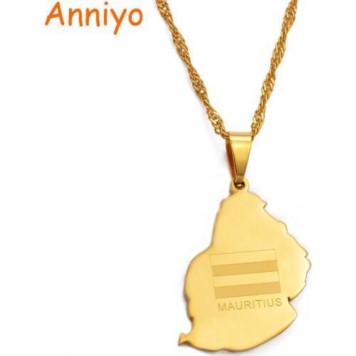 Anniyo Mauritius Map Flag Pendant Necklaces for Women Girl Gold Color African Countries Ile Maurice Jewelry Gifts #025021