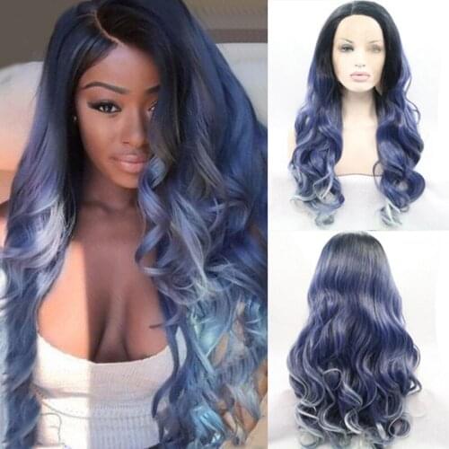Colored Body Wave Highlight Lace Front Wig Ombre Black Dark Blue White Cosplay Synthetic Lolita Wigs For Black Women Frontal