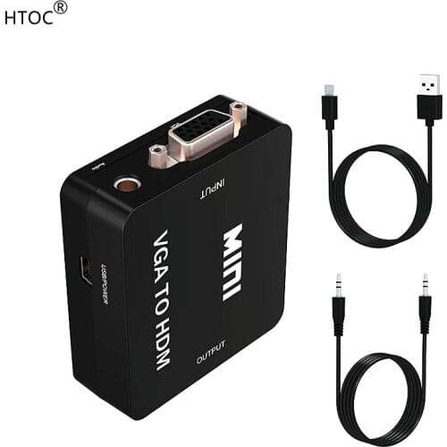 VGA to HDMI, 1080P Full HD Mini VGA to HDMI Audio Video Converter Adapter Box with USB Cable and 3.5mm Audio Port Cable (Black)