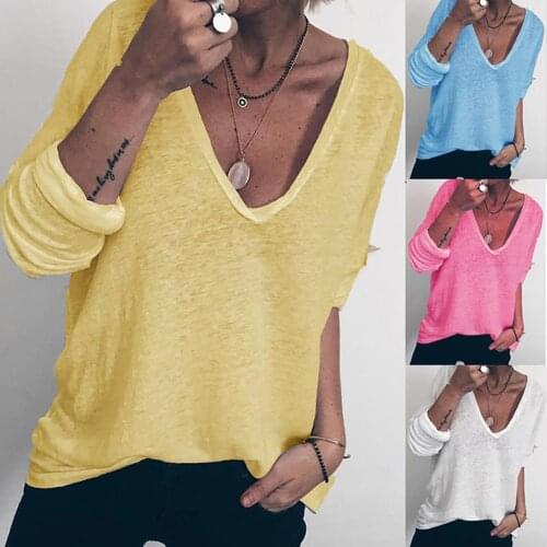 Casual Woman tshirts Solid Color Loose Tshirt Tops Women Long Sleeve V-neck T-shirt Pullover Top femme t-shirts mujer camisetas