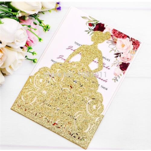 PONATIA Luxury Wedding Invitation Cards Pretty Girl Dressing for Girls 15 Quinceanera Engagement Wedding Party (Gold Glitter)