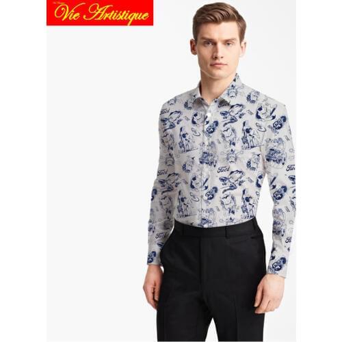 Custom tailor made Mens bespoke cotton floral shirts business formal wedding ware blouse white print Blue comic flower fashion