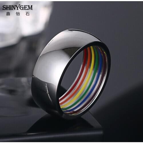 ShinyGem Fashion Smooth Stainless Steel Rainbow Rings For Women Men Wide Titanium Inside Rainbow Strip Line Pride Statement Ring