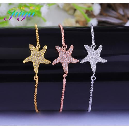 Wedding Jewelry Adjustable Slide Bracelet For Women Gold//Rose Gold Bracelet Pave Zircon Star Fish Charm Bracelet