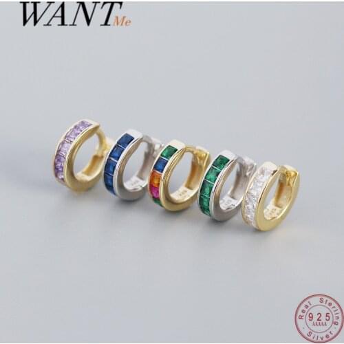 WANTME 925 Sterling Silver Rock Crystal Rainbow Square Zircon Stud Earrings for Women Huggies Goth Birthday Hoop Jewelry 2021